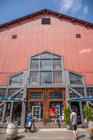 Vancouver, British Columbia - May 27, 2023: Views of Vancouver's landmark attraction - Granville Island Public Market, restaurants, and shops.のeditorial素材