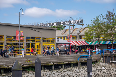 Vancouver, British Columbia - May 27, 2023: Views of Vancouver's landmark attraction - Granville Island Public Market, restaurants, and shops.のeditorial素材