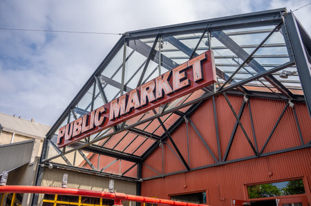 Vancouver, British Columbia - May 27, 2023: Views of Vancouver's landmark attraction - Granville Island Public Market, restaurants, and shops.のeditorial素材