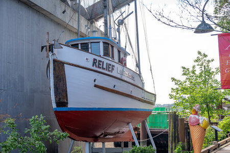 Vancouver, British Columbia - May 27, 2023: Views of Vancouver's landmark attraction - Granville Island Public Market, restaurants, and shops.のeditorial素材
