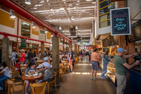 Vancouver, British Columbia - May 27, 2023: Views of Vancouver's landmark attraction - Granville Island Public Market, restaurants, and shops.のeditorial素材