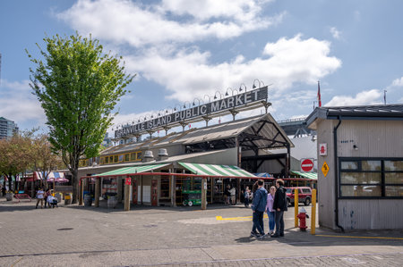 Vancouver, British Columbia - May 27, 2023: Views of Vancouver's landmark attraction - Granville Island Public Market, restaurants, and shops.のeditorial素材
