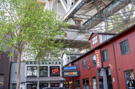 Vancouver, British Columbia - May 27, 2023: Views of Vancouver's landmark attraction - Granville Island Public Market, restaurants, and shops.のeditorial素材