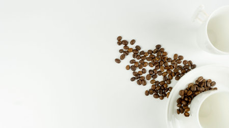 Empty cups and coffee beans on a white background. place for text. Top view. Flat lay. Mockup