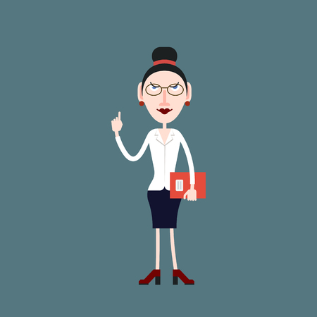 Teacher woman in glasses pays attention by lifting her finger up, in the other hand he holds a folder with documentsのイラスト素材