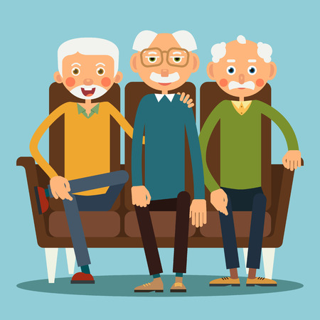 Three elderly men sitting on the sofa. Illustration in flat style. Isolatedのイラスト素材