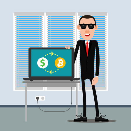 Man in black sunglasses and black suit tells you how to change dollars for bitcoin on the Internet. Office, on the table there is a computer, blinds on the windows closed. Illustration in flat styleのイラスト素材