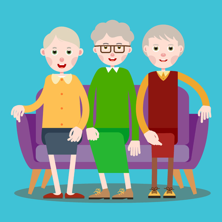 Three elderly men sitting on the sofa. Illustration in flat style. Isolatedのイラスト素材