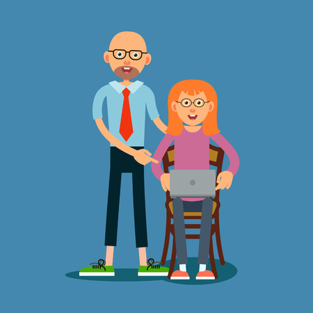 Guy advises girl how to work on laptop.のイラスト素材