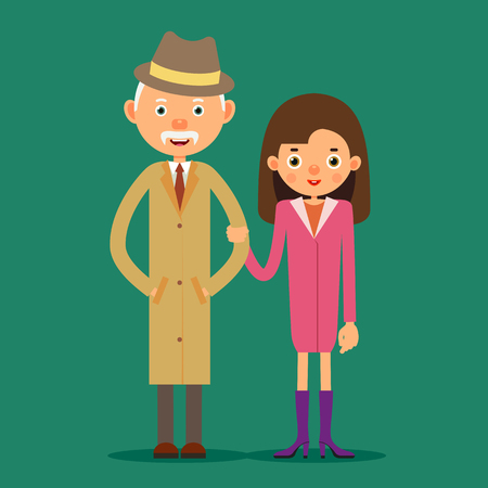 Old man and young girl. An elderly man stands next to a young girl who holds his arm. Grandfather and granddaughter. Illustration in flat style. Isolatedのイラスト素材