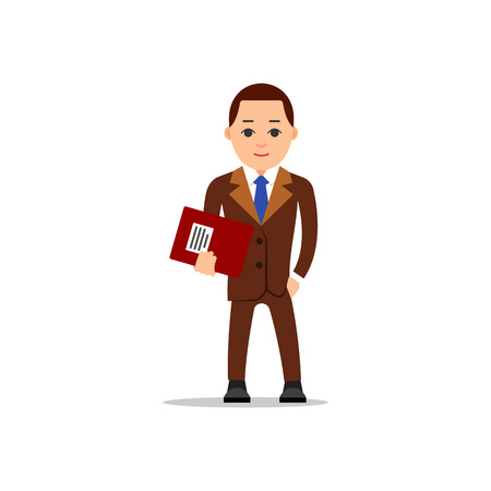 Business man. Businessman stand and holds a folder with documents in one hand, and the other hand in his pocket. Brown suit, shirt and blue tie. Illustration in flat style.のイラスト素材