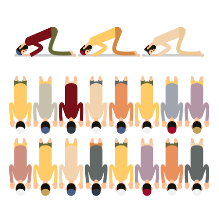 Muslim praying. Group Muslim arabic men in different suit and traditional clothes sitting and praying. Performance of Muslim prayer by men in poses on knees. Illustration in flat style. Isolated.のイラスト素材