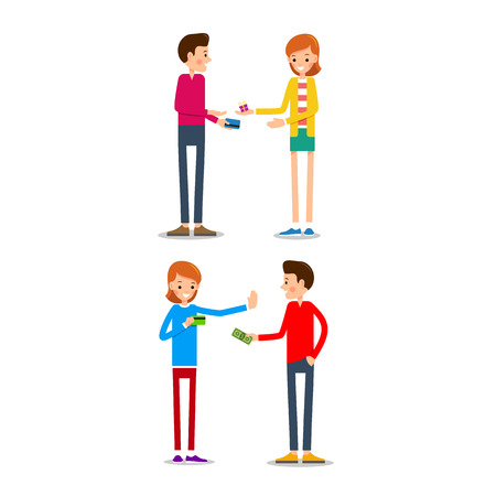 Woman and man with credit card. Young people standing with credit card for banking payments. Illustration isolated on white background in flat style.のイラスト素材