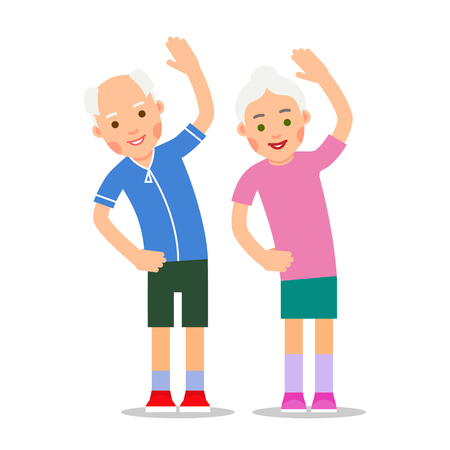 Elderly people exercising. Old couple and gymnastics and sport. Active healthy workout aged people. Grandparents making morning exercises. Cartoon illustration isolated on white background in flat style.のイラスト素材