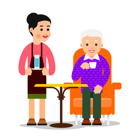 Waiter brought glass of water old man drinking coffee. Grandfather sitting and holding coffee or tea cups. Worker serves the customer. Cartoon illustration isolated on white background in flat style.のイラスト素材