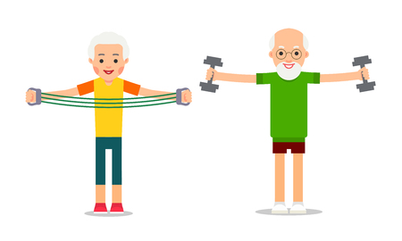 Man and woman doing exercises with dumbells and expander workout. Pensioners and gymnastics. Senior people making morning exercises. Grandparents and Sport. Cartoon illustration isolated on white background in flat style.のイラスト素材