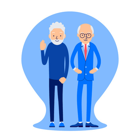 Two elderly men stand near. One pensioner in the greeting raised his hand, the other senior standing in akimbo pose. Illustration of people characters isolated on white background in flat style.のイラスト素材