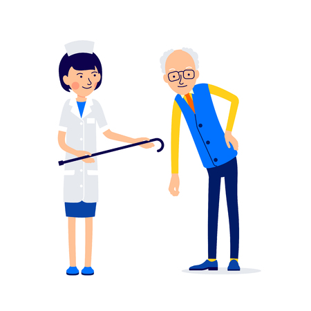 Elderly man leaned from lower back pain, he holds sore place with his hand. Nurse or doctor offers him cane. Illustration of people characters isolated on white background in flat style.のイラスト素材