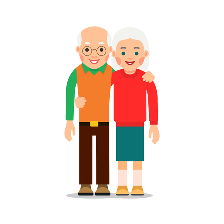 Old couple. Two aged people stand. Elderly man and woman stand together and hug each other. Illustration isolated on white background in flat style.のイラスト素材