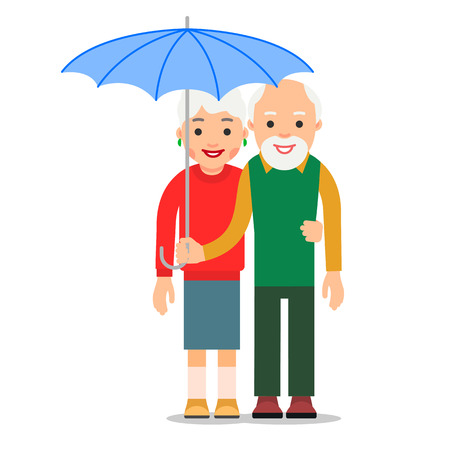 Old couple under umbrella. An elderly man stands and holds an umbrella over an elderly woman. Illustration of people characters isolated on white background in flat style.のイラスト素材