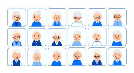 Avatars elderly women. Illustrations of heads of pensioner in rounded squares. Female faces. Illustration of women characters isolated on white background in flat style.のイラスト素材