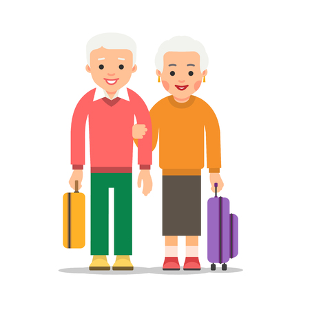 Old couple travel. Two aged people stand with bags and suitcases. Elderly man and woman stand together. Happy family concept. Illustration isolated on white background in flat style.のイラスト素材