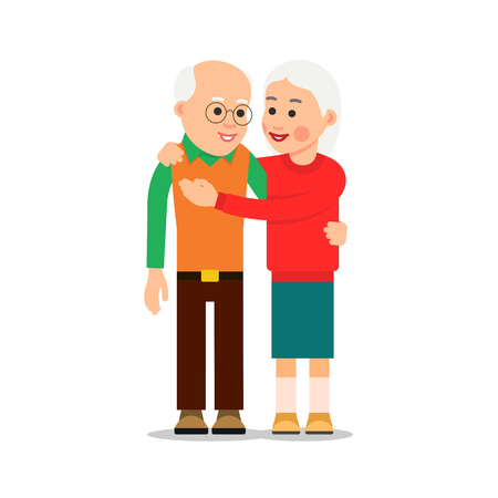 Old couple hugging. Elderly people stand close by. Grandma hugs his grandfather. Man embraces woman. Illustration of people characters isolated on white background in flat style.のイラスト素材