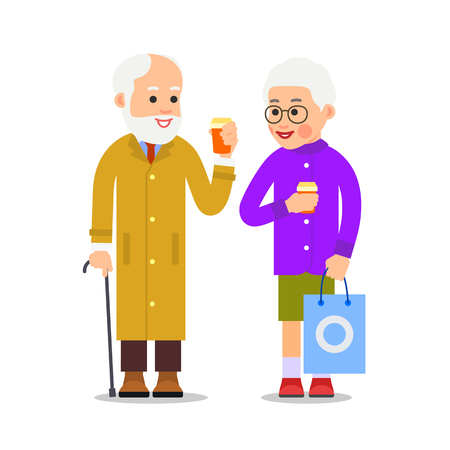 Elderly couple drinking coffee. Old man stands next to an aged woman and they hold coffee cups in their hands. Illustration of people characters isolated on white background in flat style.のイラスト素材