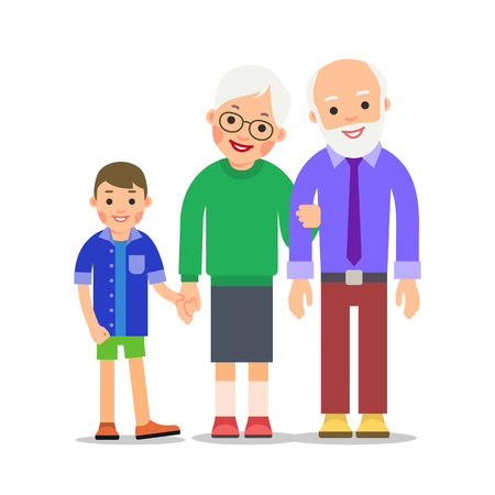 Grandparents and grandchildren. Grandma, grandpa and grandson. Grandmother holding boy hand and holds grandfather hand. Illustration of people characters isolated on white background in flat style.のイラスト素材