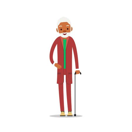 Attractive african old man. Older black senior retired. Cute grandfather standing and smiling. Traditional retirement lifestyle. Cartoon illustration isolated on white background in flat style.
のイラスト素材