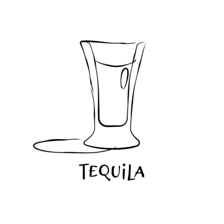 Shot tequila. Graphic art. Drink element. Black white. Retro glass tequila hand draw, design for any purposes. Restaurant illustration. Simple sketch. Isolated on white background in engraving style.のイラスト素材