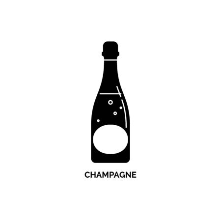 Bottle champagne silhouette. French alcohol drink drawing. Black white. Decoration element. Bar menu design. Symbol, logo. Isolated illustration white background. Drink element.のイラスト素材