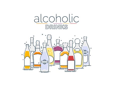 Collection alcoholic drinks. Alcohol bottles stand in row. White background. Illustration isolated. Outline flat design style. Beer champagne wine whiskey liquor vodka martini whiskey rum tequila.
のイラスト素材