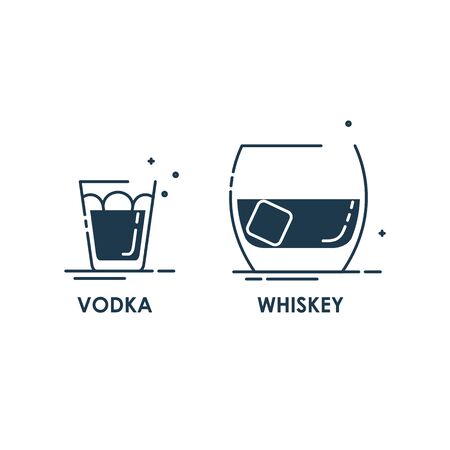 Glassware vodka and whiskey line art in flat style. Restaurant alcoholic illustration for celebration design. Contour element. Beverage outline icon. Isolated on white background in graphic style.
のイラスト素材