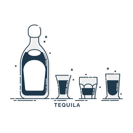 Bottle and glass tequila line art in flat style. Restaurant alcoholic illustration for celebration design. Design contour element. Beverage outline icon. Isolated on white background in graphic style
のイラスト素材