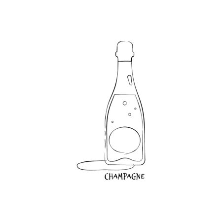 Bottle champagne in hand drawn style. Restaurant illustration for celebration design. Retro sketch. Line art. Design element. Beverage outline icon. Isolated on white background in graphic style.
のイラスト素材