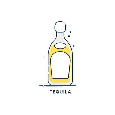 Bottle tequila line art, great design for any purposes. Creative graphic element. Trendy design. Minimalism simplicity sign. Alcoholic product for restaurant illustration. Isolated on white backgroundのイラスト素材