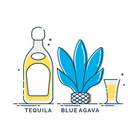 Tequila blue agava produkt in glass bottle with glassware in flat style. Alcohol beverage. Great design for any purposes. Mexican spirit. Isolated object on white background. Organic drink.のイラスト素材