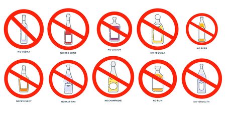 Ban bottle vodka red wine champagne whiskey liquor beer tequila rum martini. No alcohol. Modern thin contour line design concept. Stop symbol icon. Flat outline illustration. Set design element.
のイラスト素材