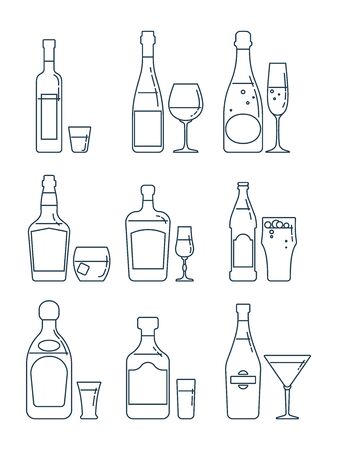 Bottle and glass vodka red wine champagne whiskey liquor beer tequila rum martini line art in flat style. Restaurant beverage alcoholic illustration for celebration design. Design contour element.
のイラスト素材
