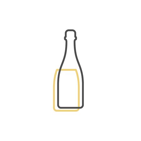 Simple line shape of champagne bottle. One contour figure of a bottle, the second drink. Outline symbol wine dark color. Sign liquid yellow. Isolated flat illustration on a white background.のイラスト素材