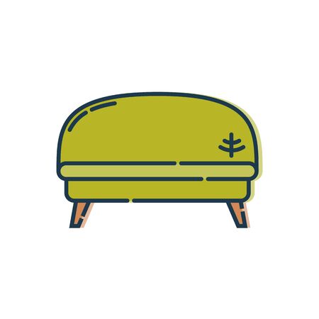 Comfortable sofa with one pillow. Image of couch in line art style. Element furniture of the interior. Modern stylish object for relaxation. Flat illustration with settee on white background.のイラスト素材