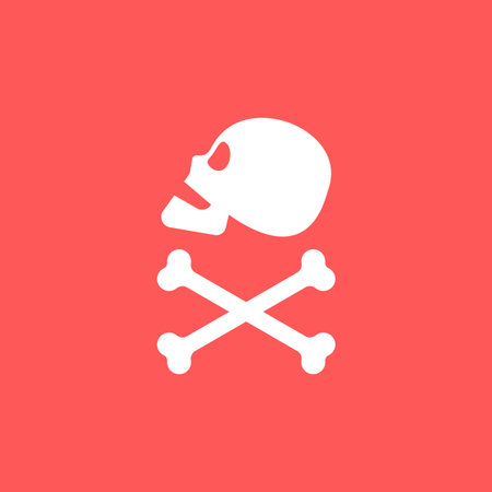 Human skull in side view and crossbones on red background. Isolated illustration in flat style....
