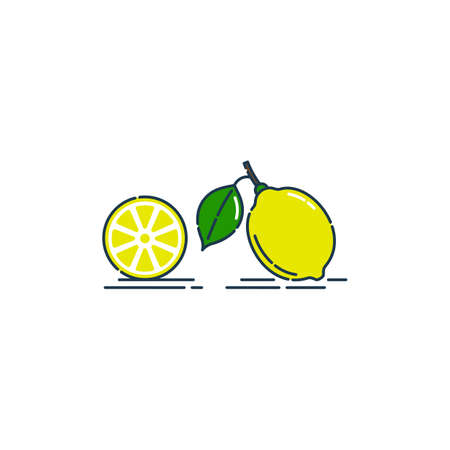 Whole and cut in half lemon fruit isolated on white background. Organic product. Bright summer harvest illustration. Flat style illustration for any design. Fresh cut citrus icon.のイラスト素材