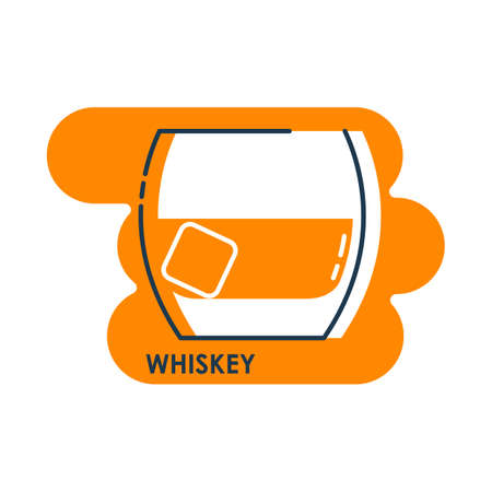Wineglass whiskey with ice piece line art in flat style. Isolated on colored shape as background. Restaurant alcoholic illustration for celebration design. Contour element. Beverage outline icon.のイラスト素材