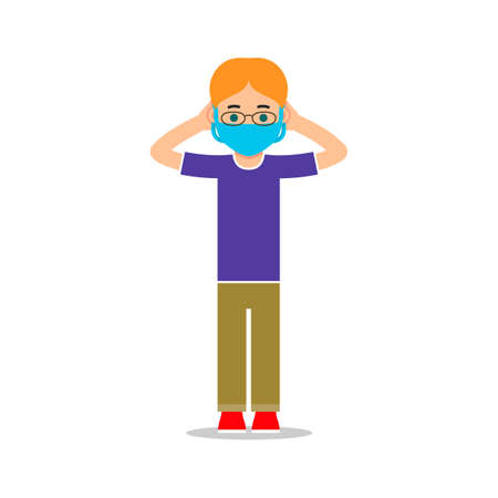 Young woman puts on virus mask. Corona virus hygiene. Health care. Healthy lifestyle during an outbreak taint infection. Respiratory protection. Flat illustration isolated white background.のイラスト素材