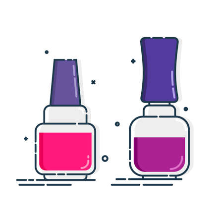 Two cosmetic container nail polish. Female fashion product. Plastic or glass bottle label design. Fashion & style. Closeup on white backdrop. Isolated object. Illustration isolated white background.のイラスト素材