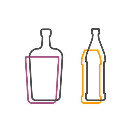 Simple line shape of liquor and beer bottle. One contour figure of a bottle, the second drink. Outline symbol whiskey dark color. Sign liquid color. Isolated flat illustration on a white background.のイラスト素材