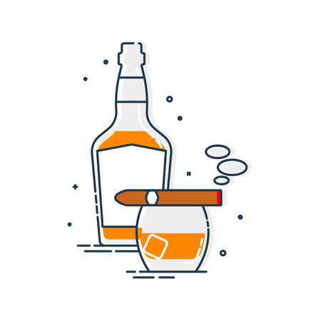 Bottle of whiskey glass with ice and a burning cigar. Set of alcoholic drink and a relaxing smoking object. Isolated flat illustration on white background. Line art design for restaurant and pub.のイラスト素材