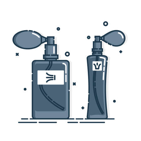 Perfume bottle isolated icon on white background. Two glamor container glass or plastic. Flat style design. Spray system. Female cosmetic business. Graphic outline object.のイラスト素材